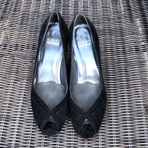 Stuart Weitzman Perforated Suede Peep-Toe Heels